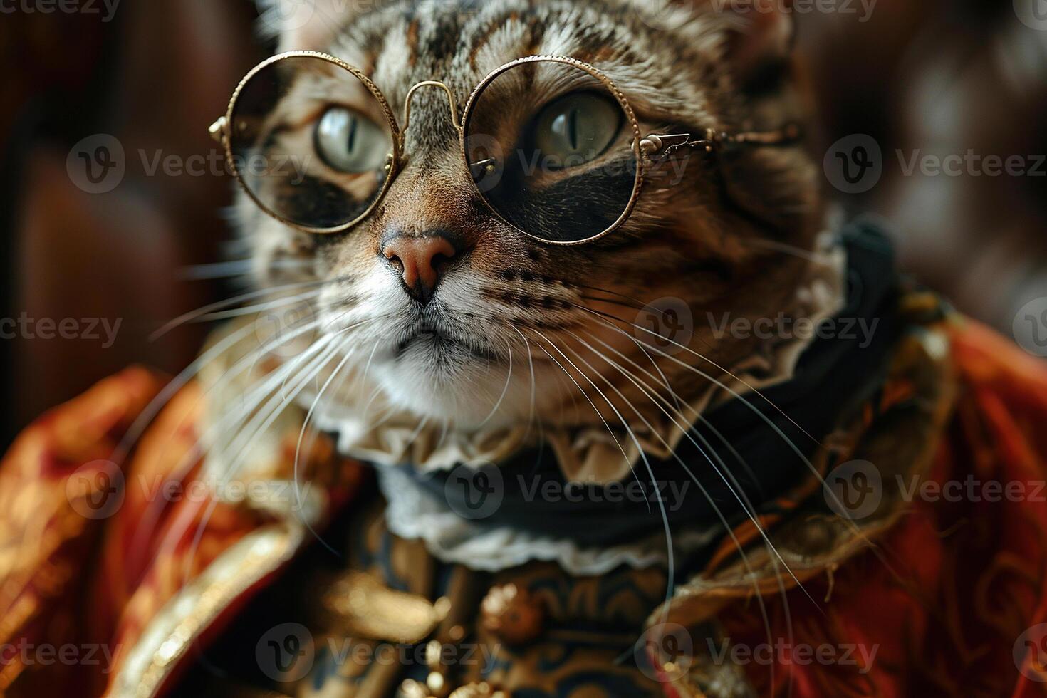 A cat in a Renaissance costume with a pince-nez on his face. Generated by artificial intelligence photo