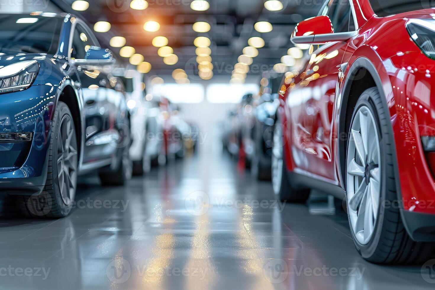Row of new cars in a car showroom with a blurred background. Generated by artificial intelligence photo