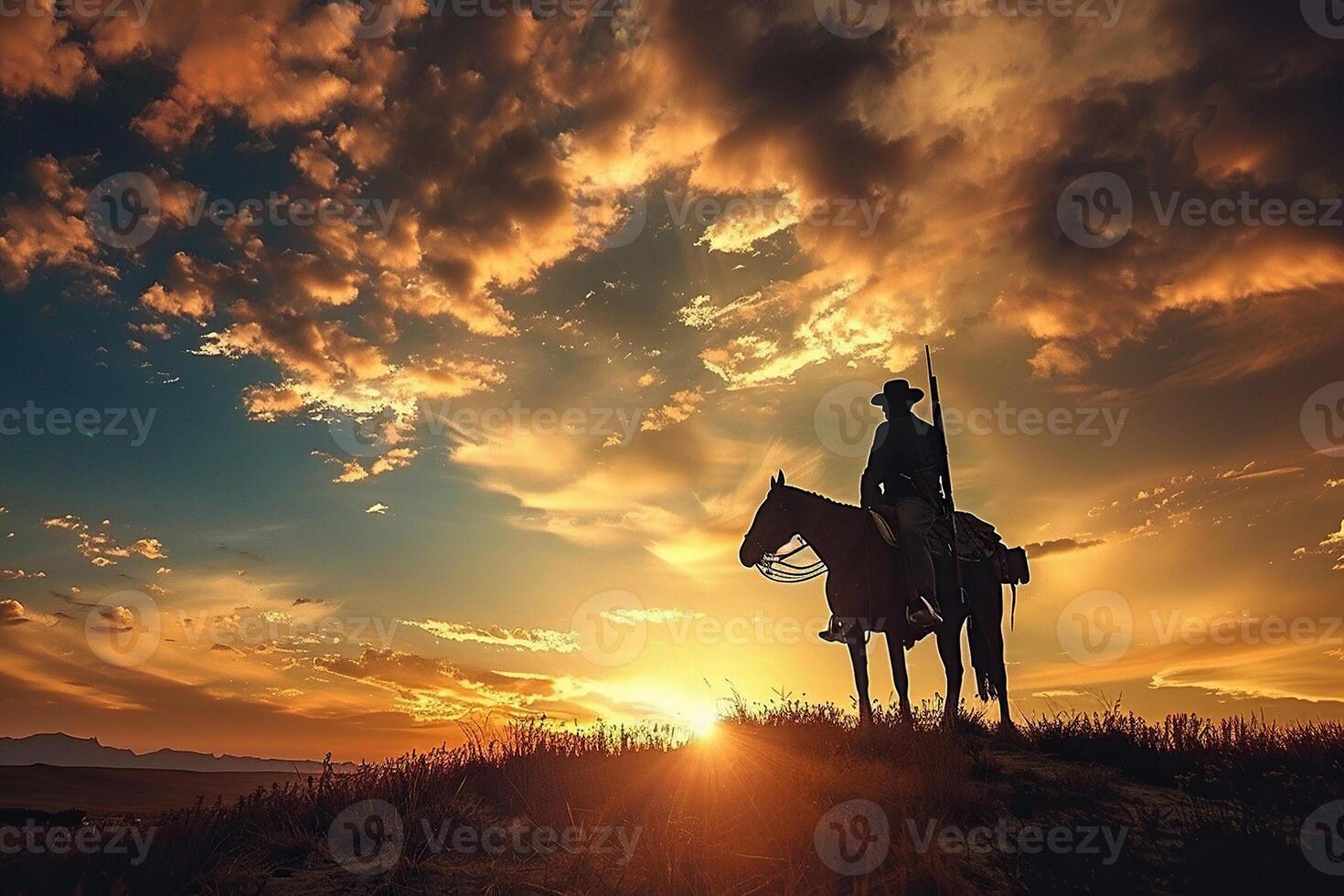 Silhouette of a ranger or cowboy sitting on a horse at sunset. Generated by artificial intelligence photo