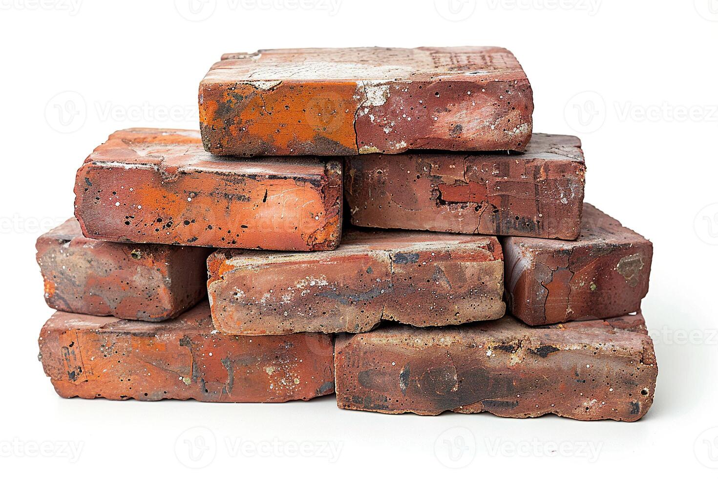 A pile of old broken bricks on a white background. Generated by artificial intelligence photo