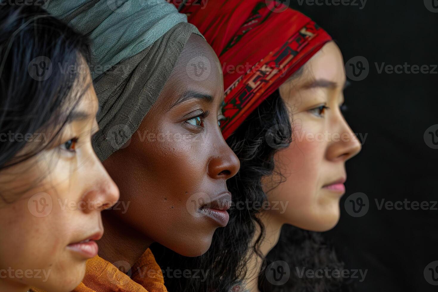 Profile photo of three women of different ethnicities. Generated by artificial intelligence