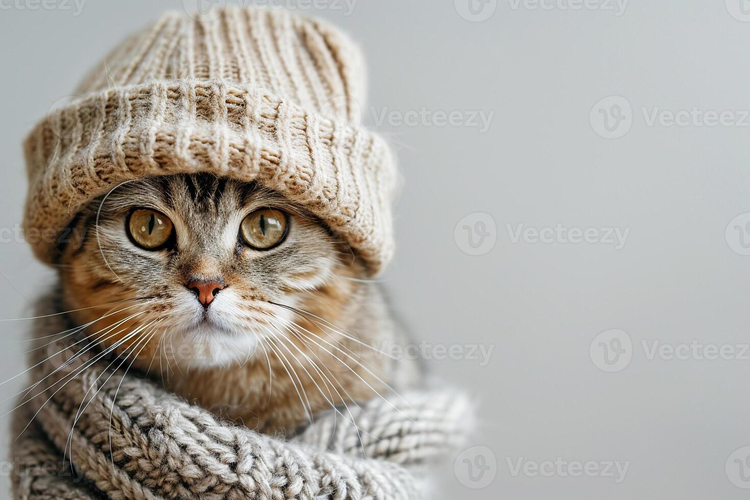 Gray cat in a knitted hat and scarf on a light background. Generated by artificial intelligence photo