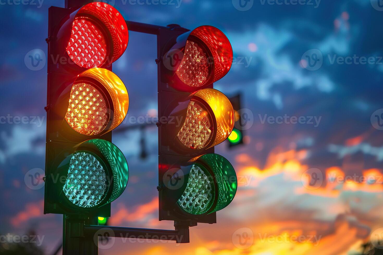 Closeup of a traffic light in the evening sky with clouds and copy space. Generated by artificial intelligence photo