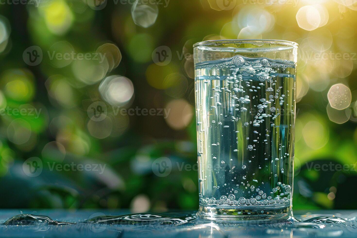 A glass of crystal clear water in tabletop against a blurred sunset background. Health and environment concept. photo