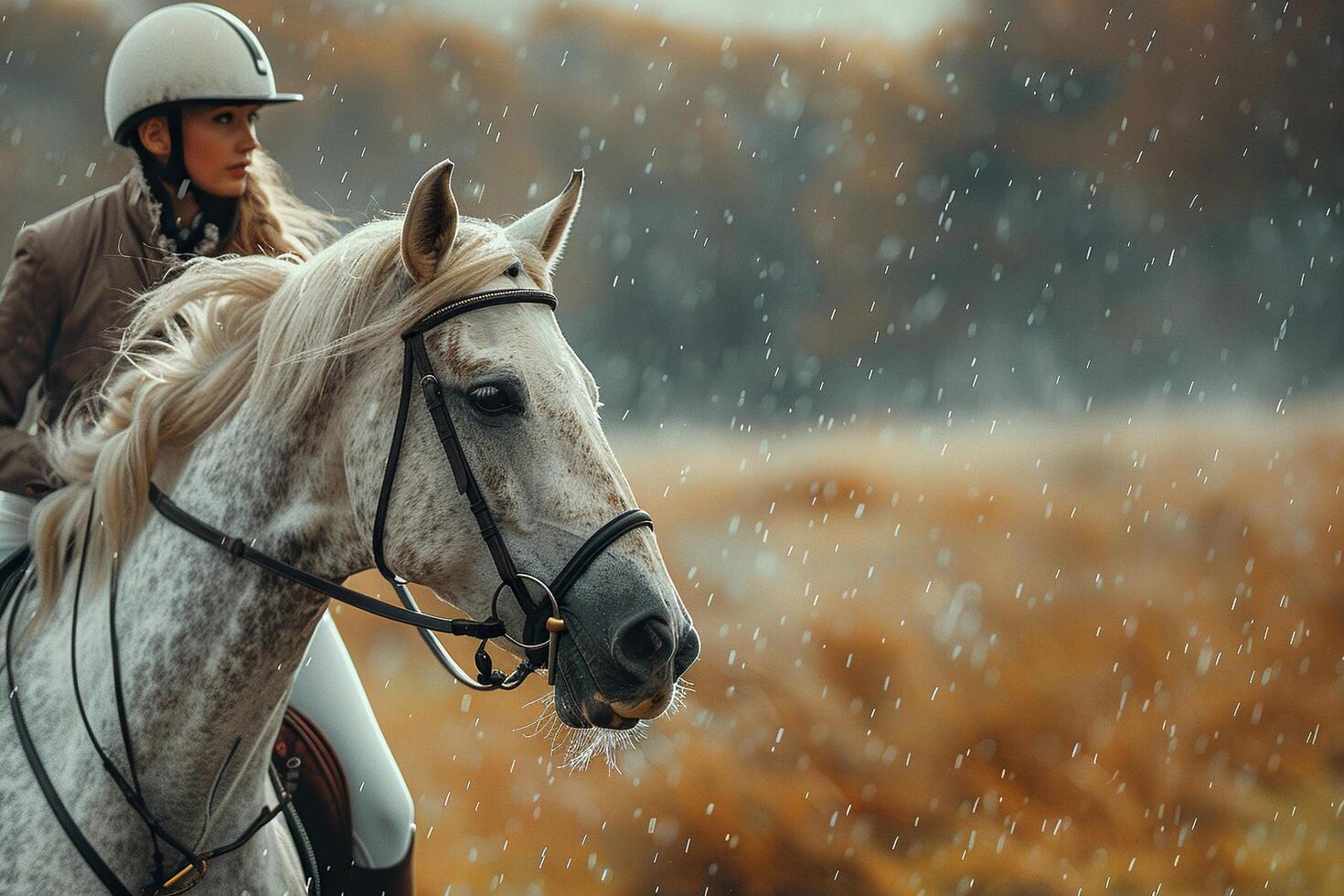 Professional rider on a white horse in rainy weather. Generated by artificial intelligence photo