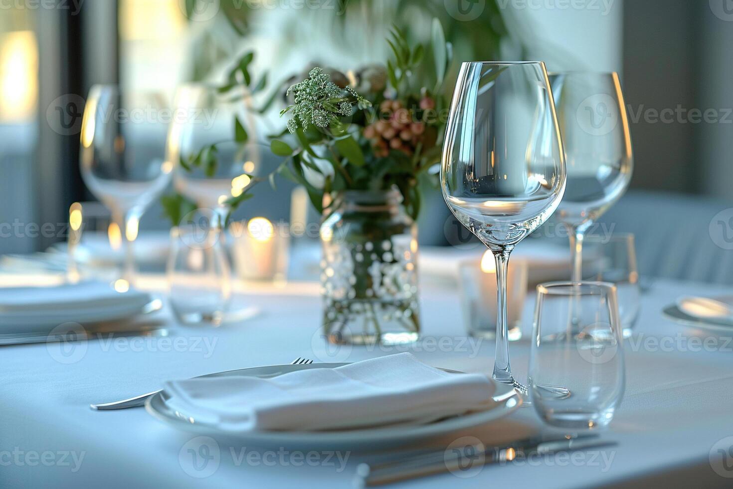 Glassware on a served table with a white tablecloth in a restaurant. Generated by artificial intelligence photo