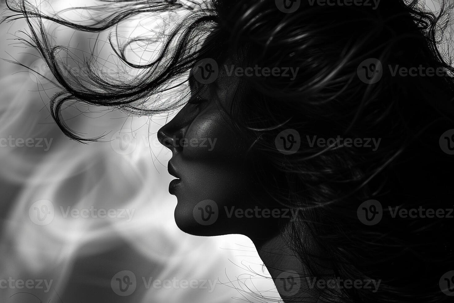 Dark silhouette of a woman with flying hair close-up. Generated by artificial intelligence photo