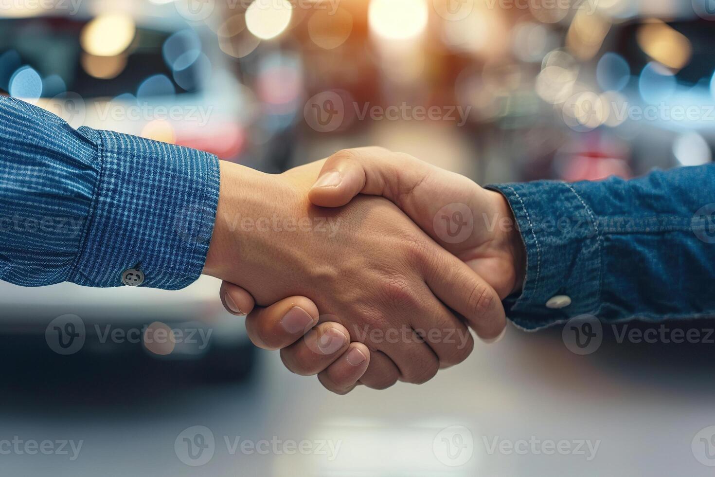 Buying a new car. Handshake close-up on a blurred background of a car dealership. Generated by artificial intelligence photo