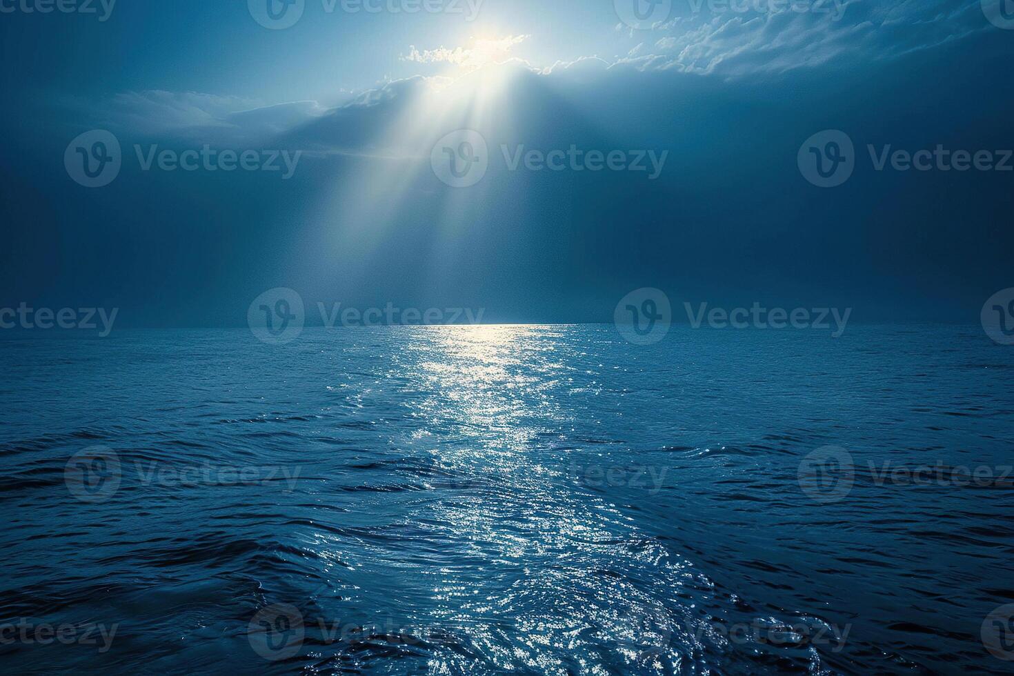 Night seascape. Bright rays of light through the clouds illuminate the sea at night. Generated by artificial intelligence photo