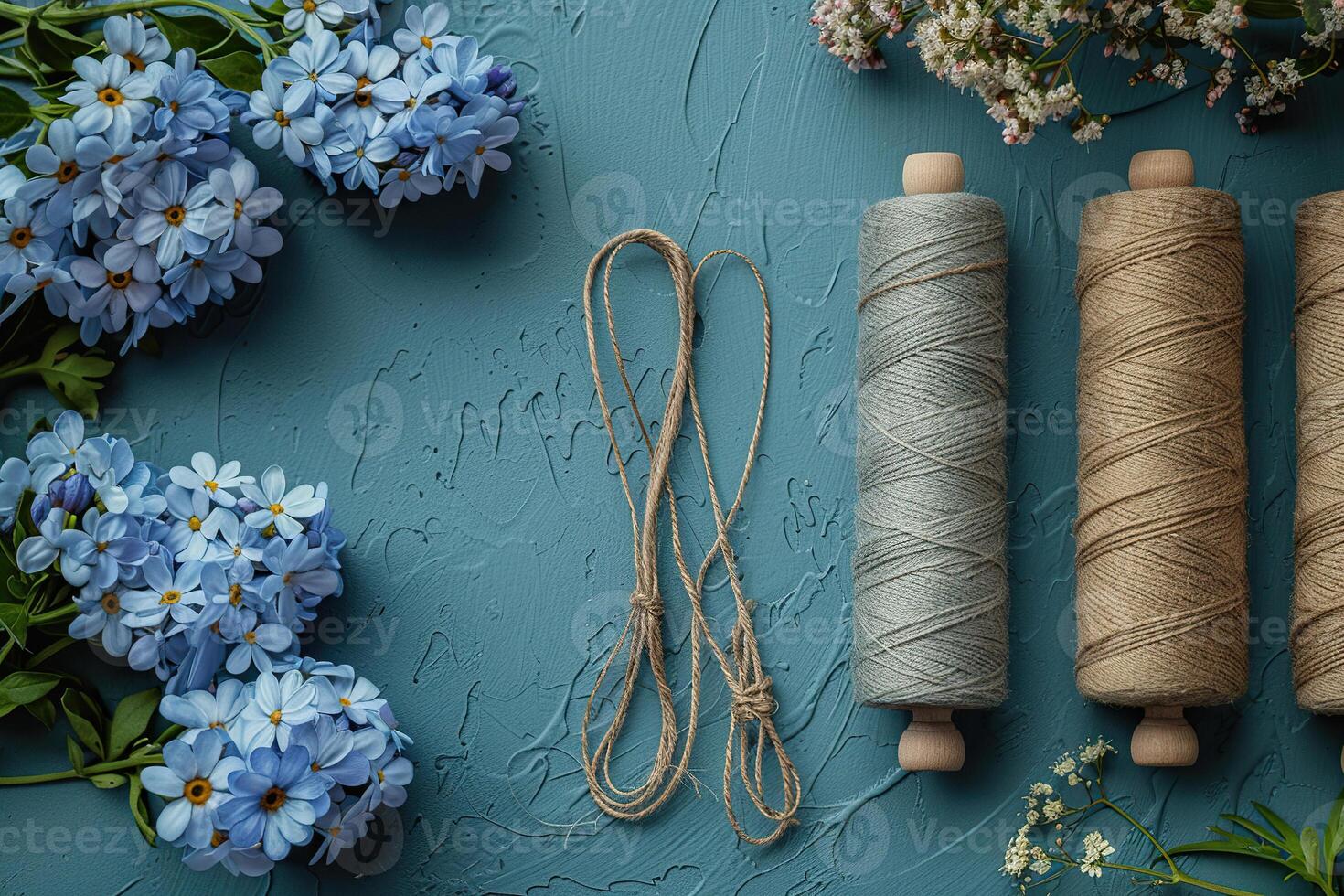 Spools of coarse thread in natural shades and blue flowers on the table. View from above. Authenticity in everyday life. Generated by artificial intelligence photo
