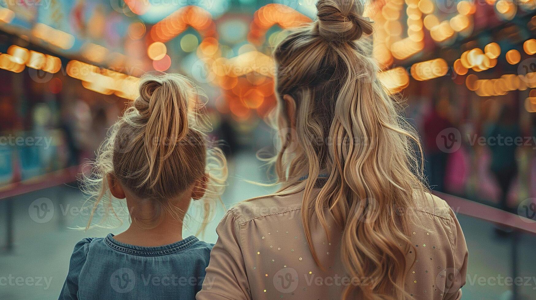 Mom and daughter in an amusement park in summer. Generated by artificial intelligence photo