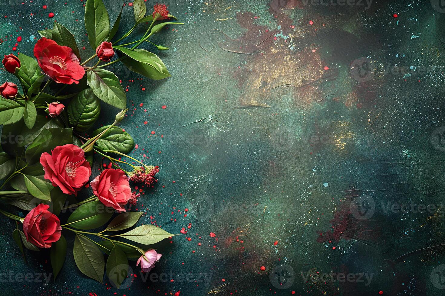 Green concrete background with red beautiful flowers on the left and space for text. Generated by artificial intelligence photo