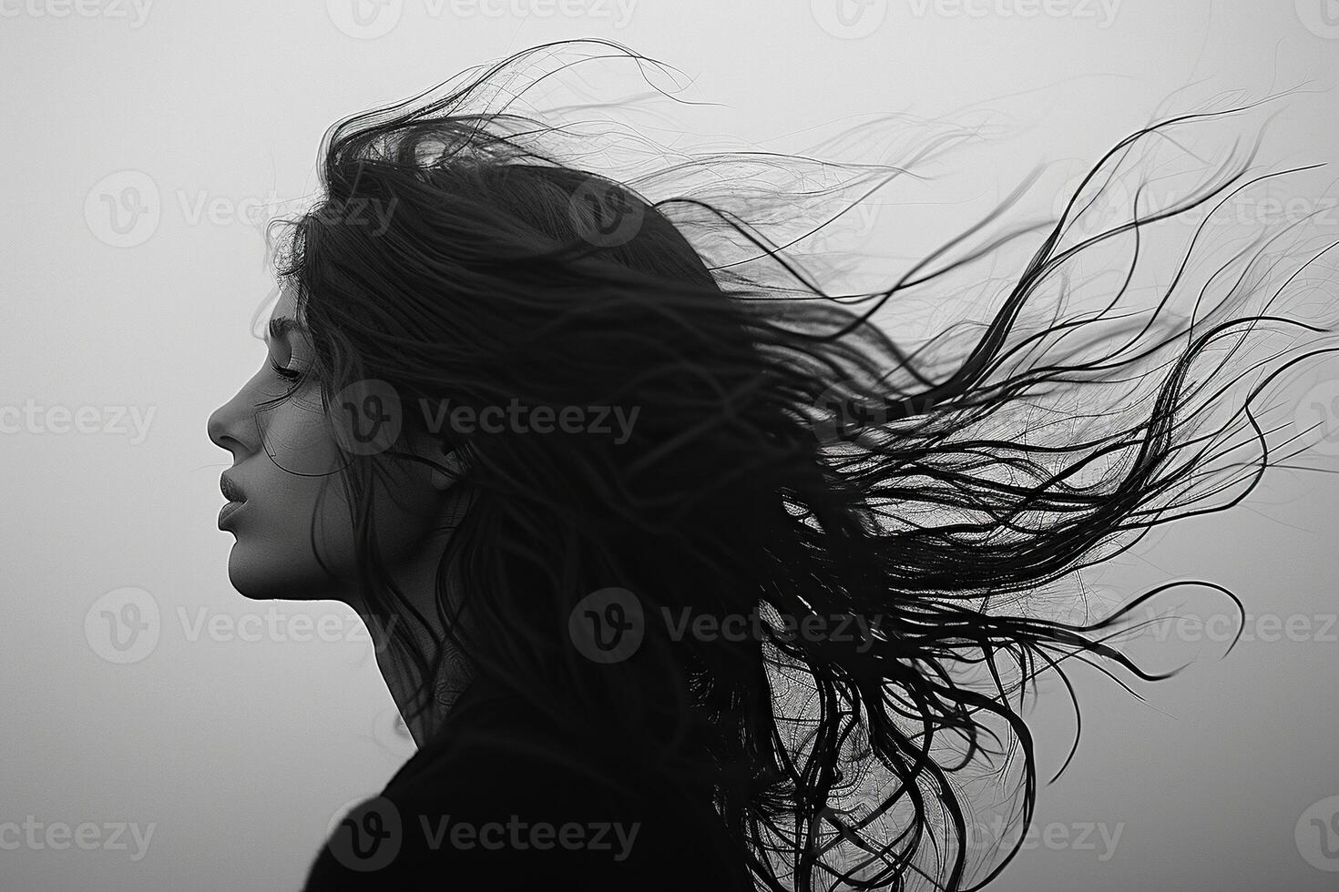 Dark silhouette of a woman with flying hair close-up. Generated by artificial intelligence photo