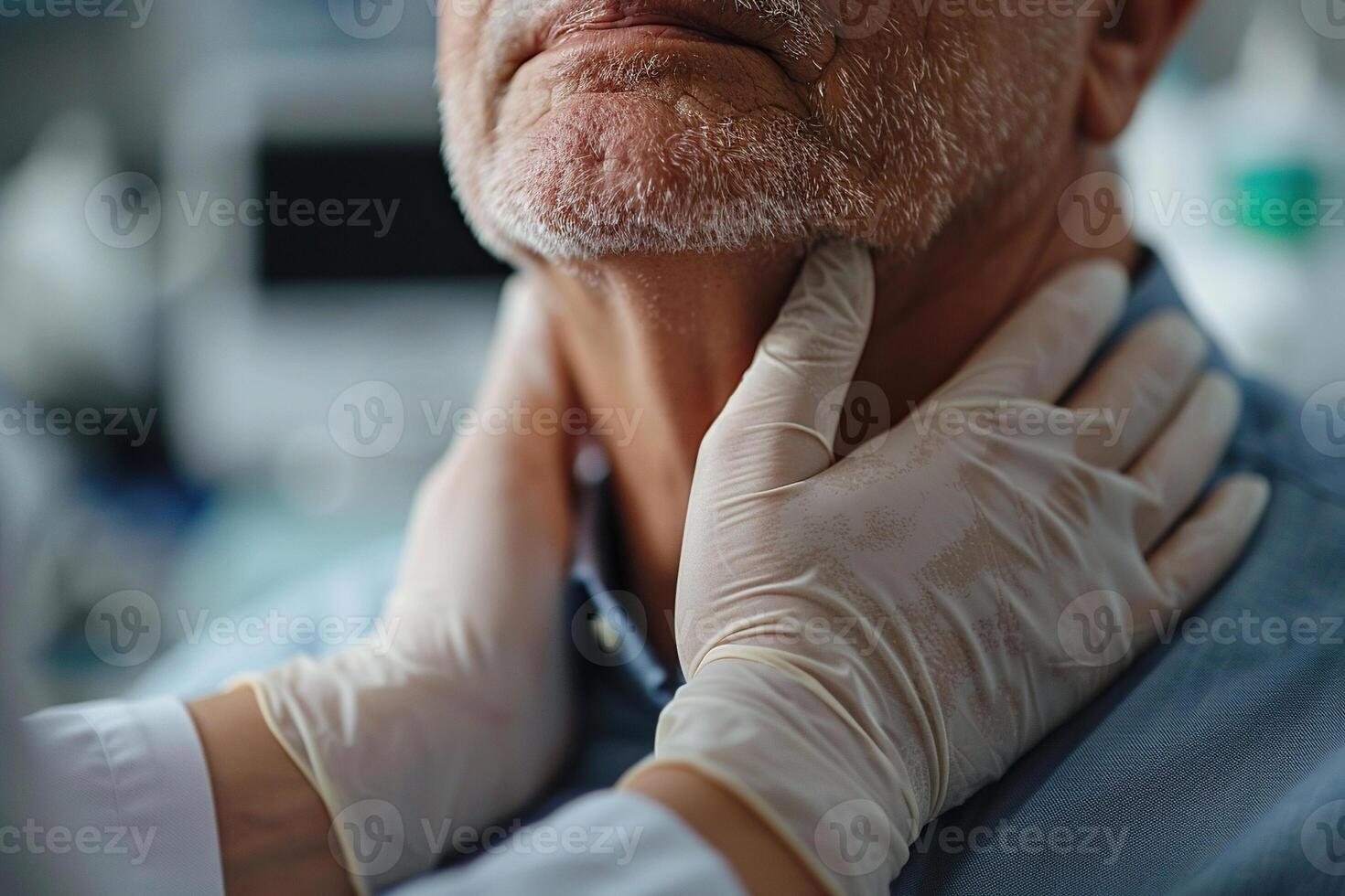 A doctor examines an elderly patient wearing gloves. Generated by artificial intelligence photo