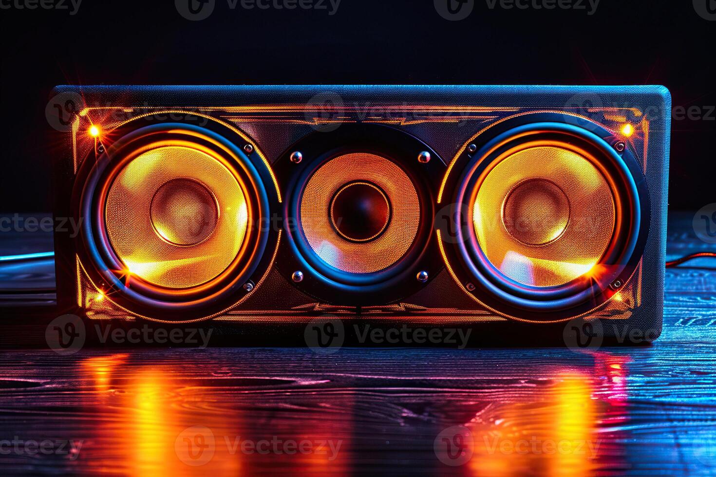 The audio system sits on a wooden floor in the dark with bright lighting. Generated by artificial intelligence photo