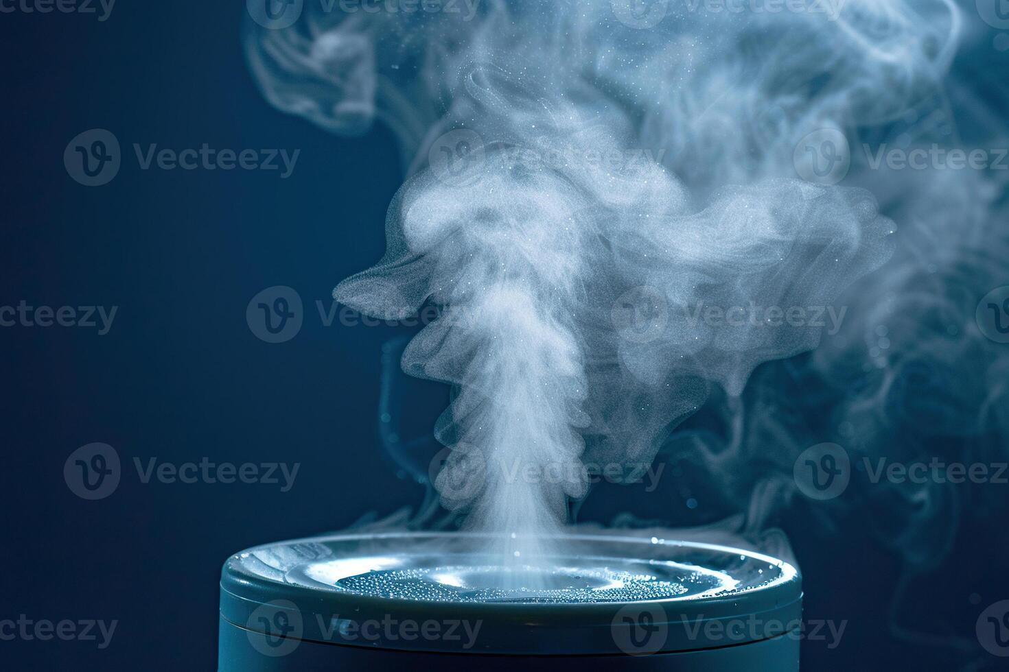 Close-up of a powerful jet of steam on a blue background. Steam comes out of the ultrasonic humidifier. Generated by artificial intelligence photo