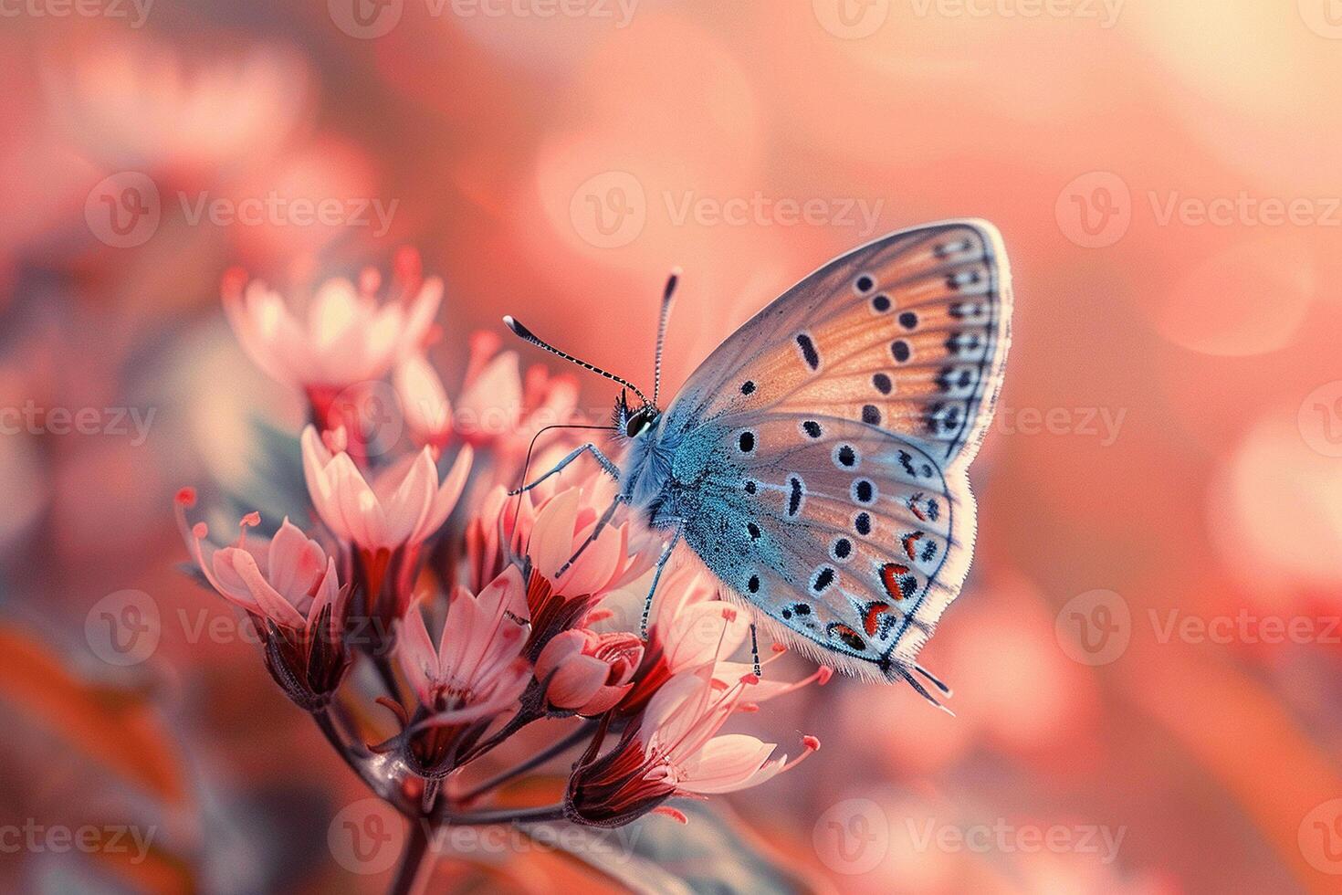 Macro shot of a butterfly on a flower on a blurred pink background. Generated by artificial intelligence photo