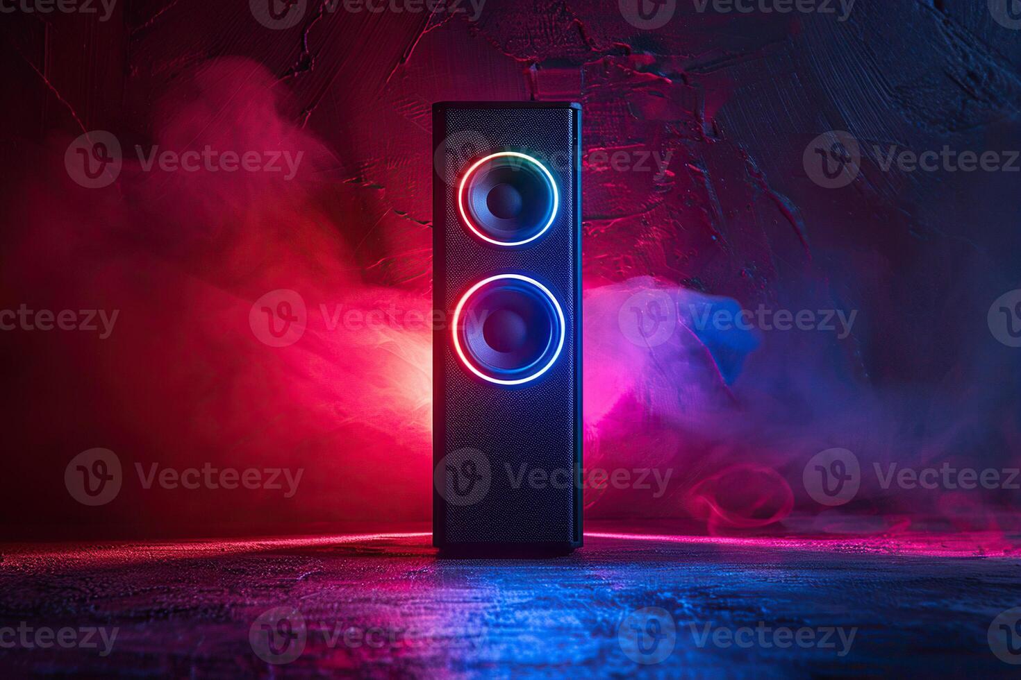 Music column, speaker in bright colored lighting. Music and sound concept. Generated by artificial intelligence photo