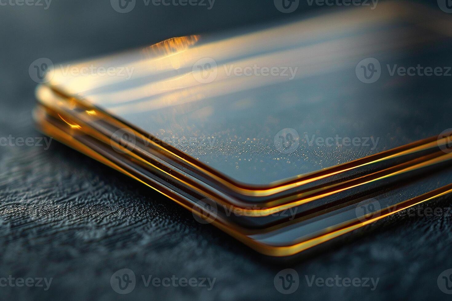 Stack of realistic black cards on a black marble surface. Blank template, card mockup. Generated by artificial intelligence photo