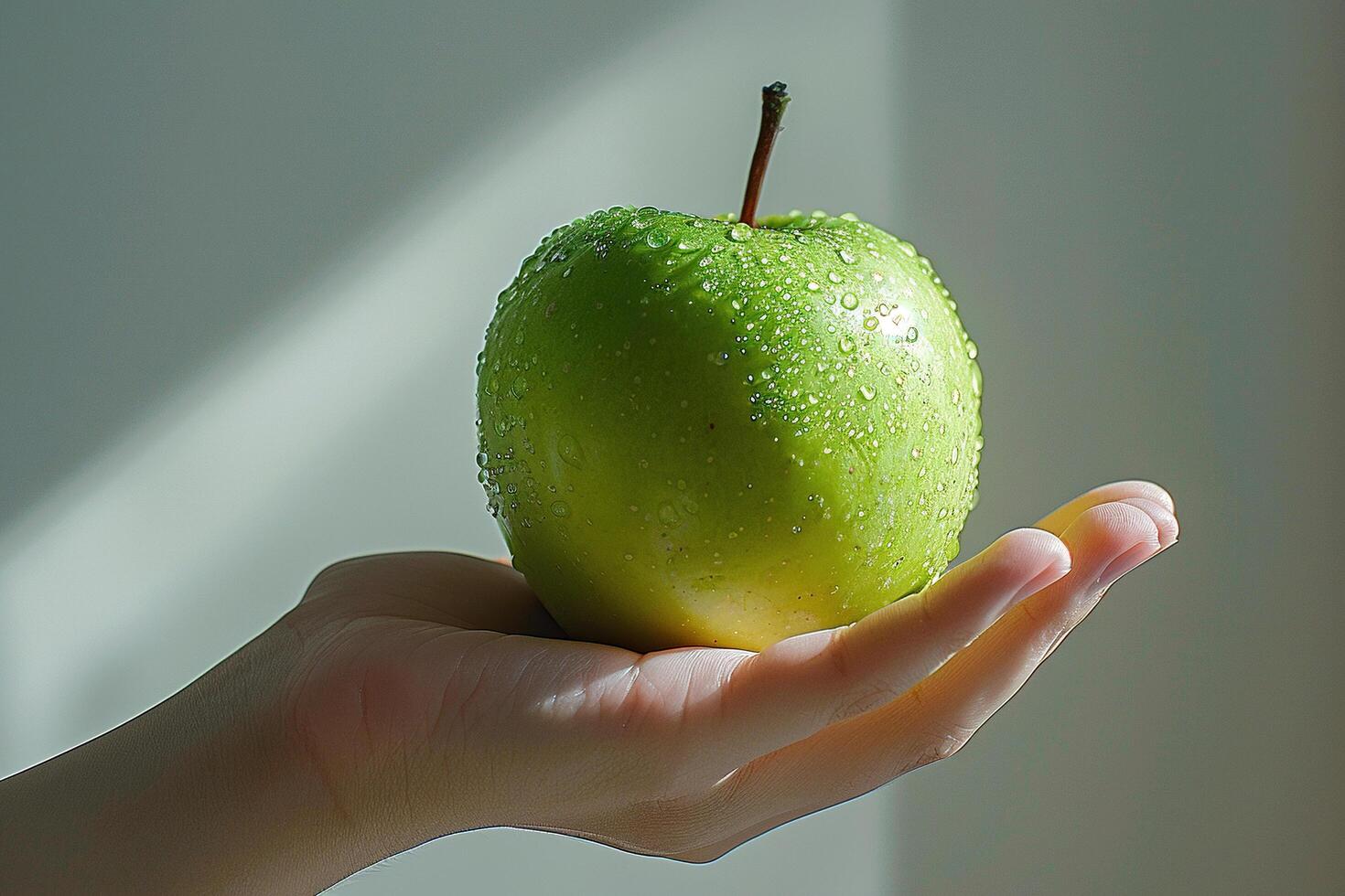 Woman's hand holds out a beautiful green apple on a white background, healthy eating concept. Generated by artificial intelligence photo