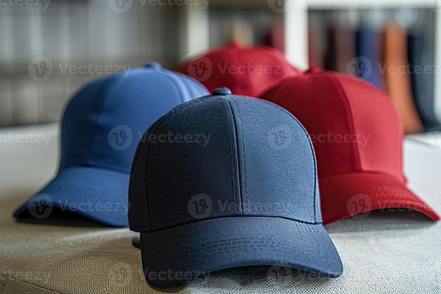 Three baseball caps without inscriptions or drawings. Generated by artificial intelligence photo