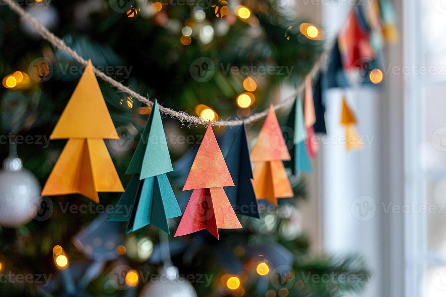 Paper garland against a background of a blurred Christmas tree. Generated by artificial intelligence. photo