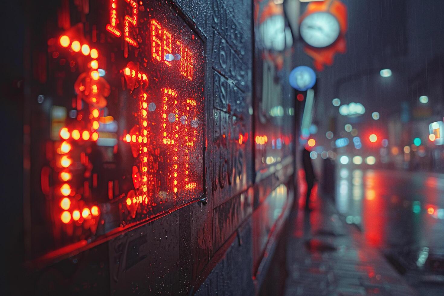 Timetable board with big blurry red numbers in rainy weather. Generated by artificial intelligence photo