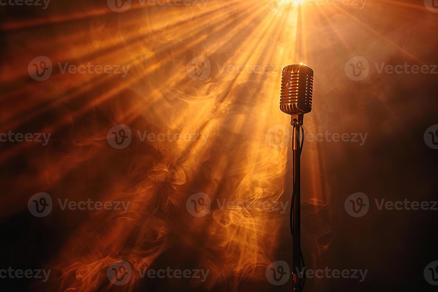 Microphone on stage in bright spotlight and smoke. Concept of performance, show, concert. Generated by artificial intelligence photo