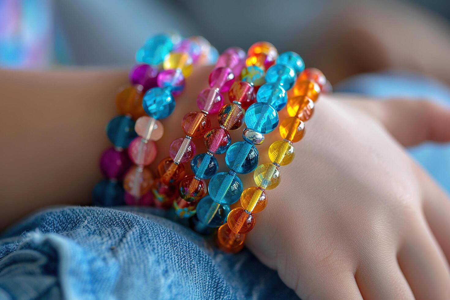 A bright bracelet made of colorful beads in the hand of a little girl. Generated by artificial intelligence photo