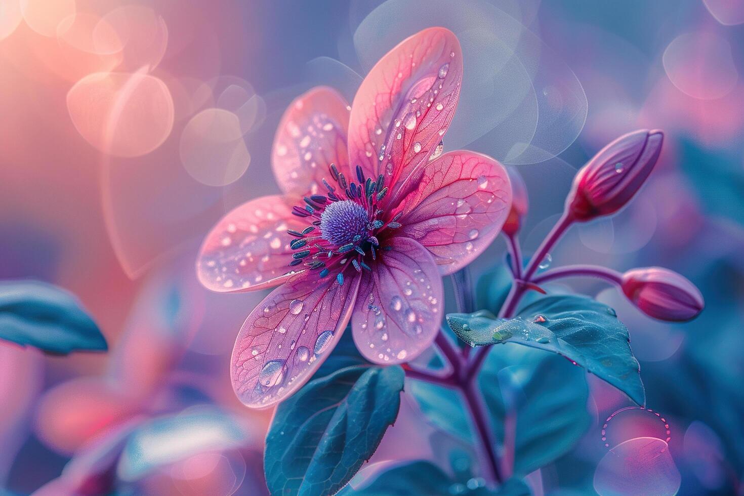 Blurred lilac purple background with a beautiful flower in dew drops. The charm of nature in delicate colors. photo