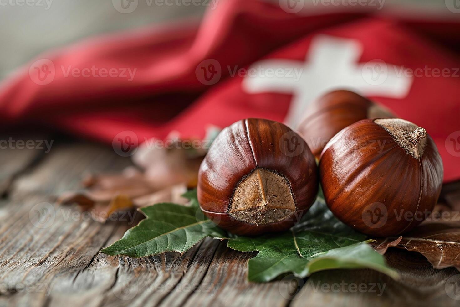 A bunch of chestnuts on wood against the background of the Swiss flag. Generated by artificial intelligence photo
