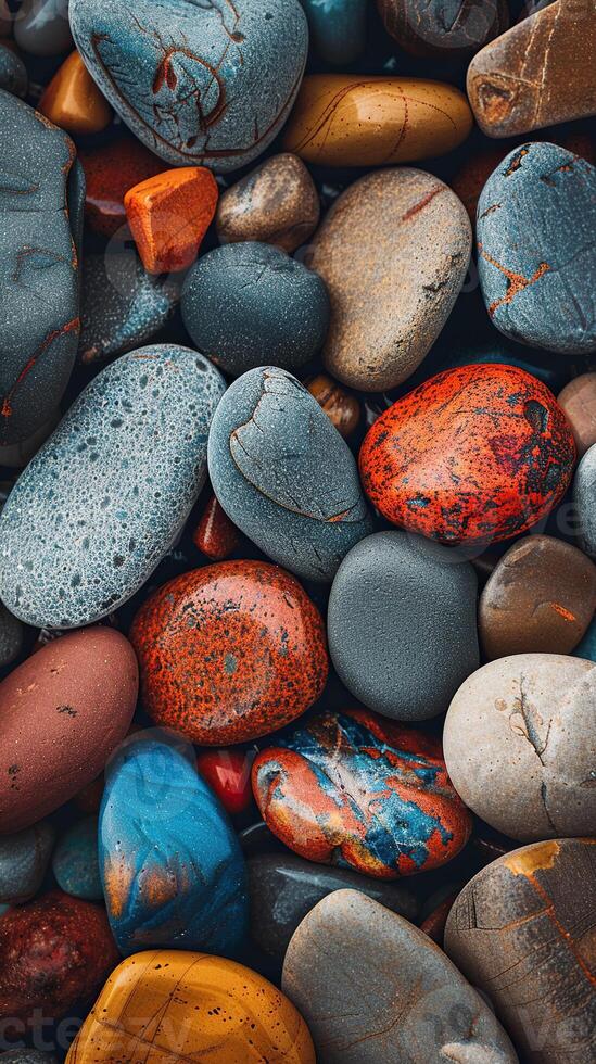 Vertical background for social networks with the image of multi-colored pebbles. Generated by artificial intelligence photo