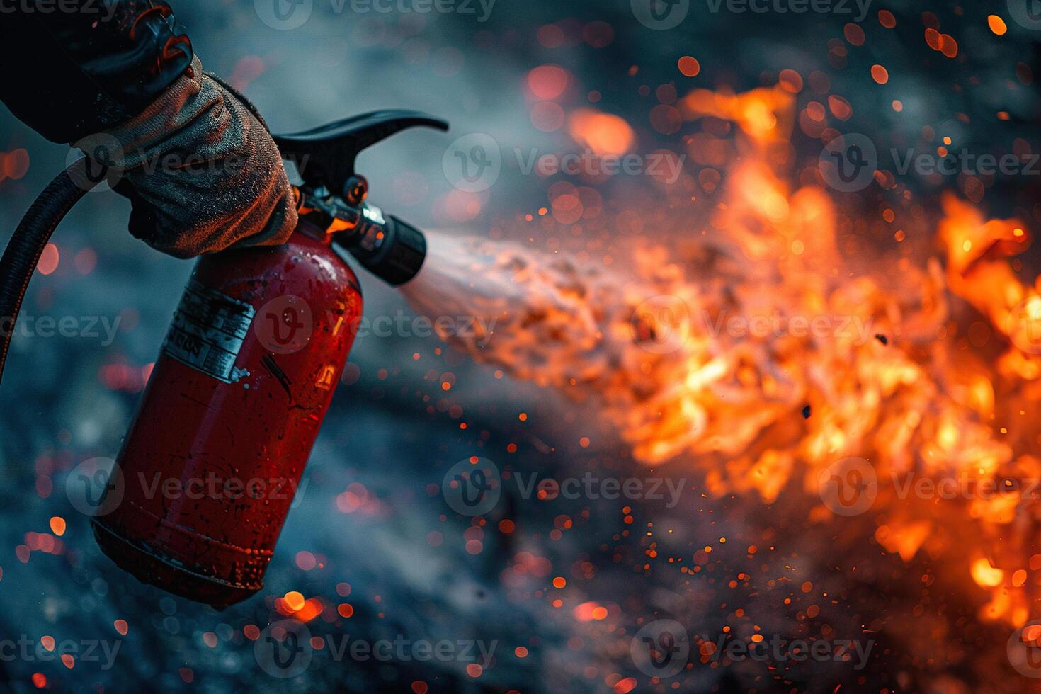 Extinguishing a fire with a carbon dioxide fire extinguisher. Fire extinguisher close-up on a blurred fire background. Generated by artificial intelligence photo