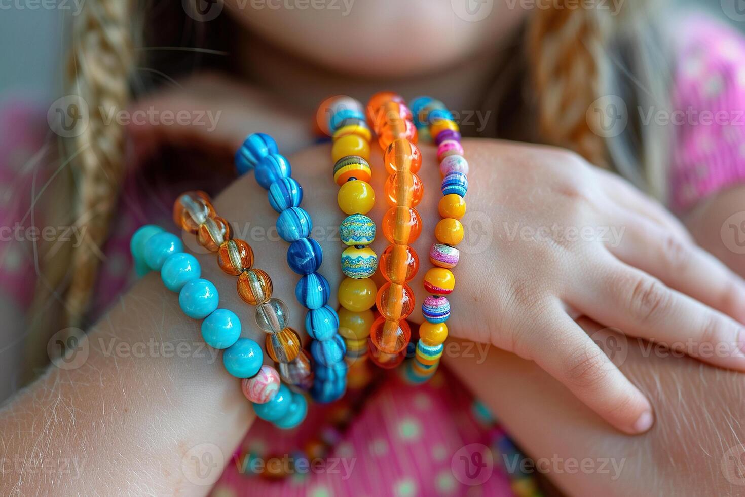 A bright bracelet made of colorful beads in the hand of a little girl. Generated by artificial intelligence photo