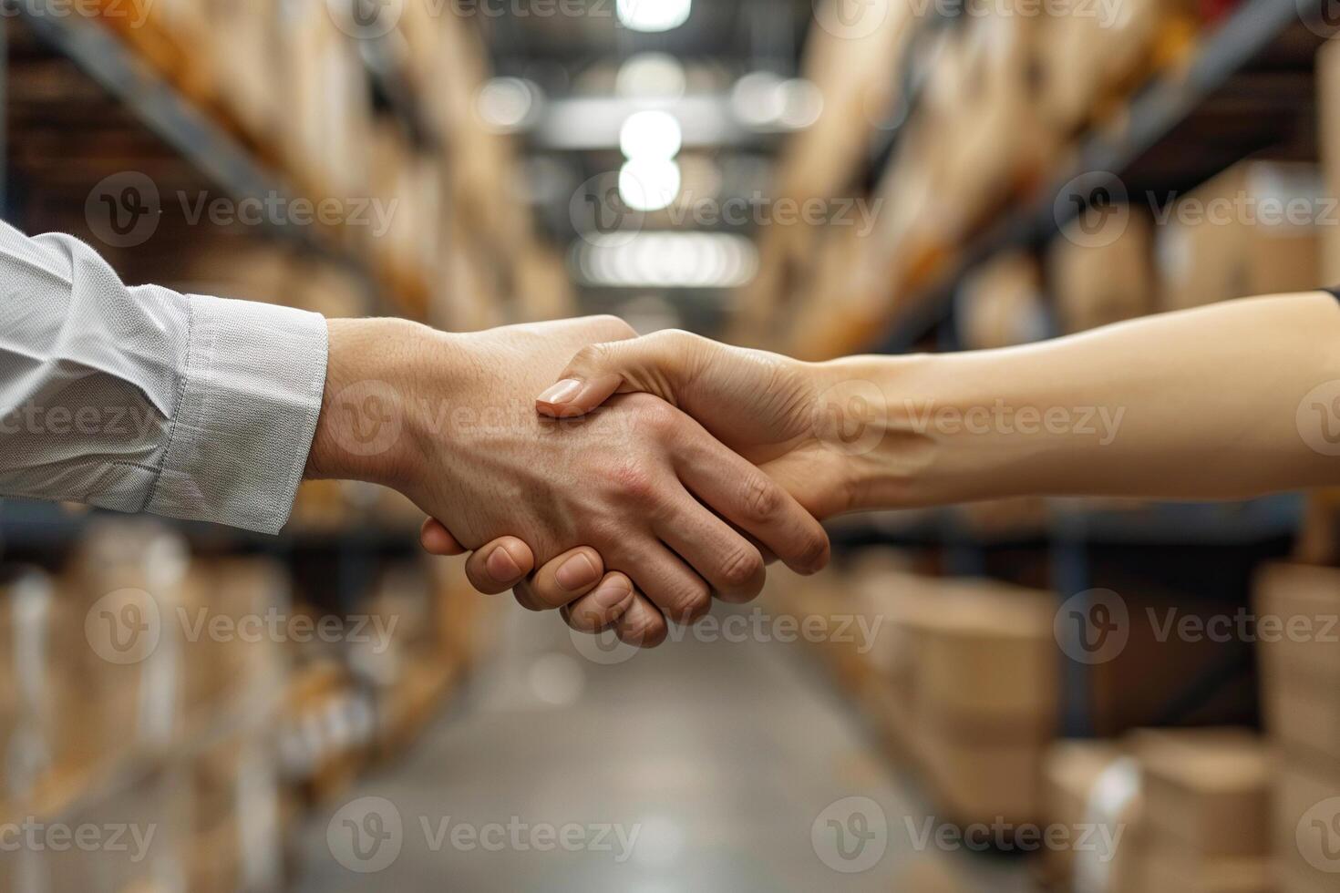 Handshake between a male and female executive on a blurred background of a large logistics warehouse. Generated by artificial intelligence photo