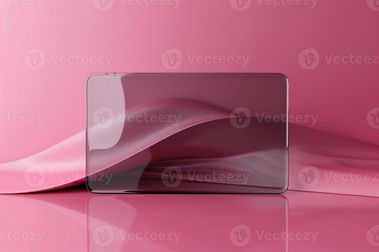 Transparent glass rectangular card with a wavy pattern on a pink background. Horizontal pink background with glass morphism effect. photo