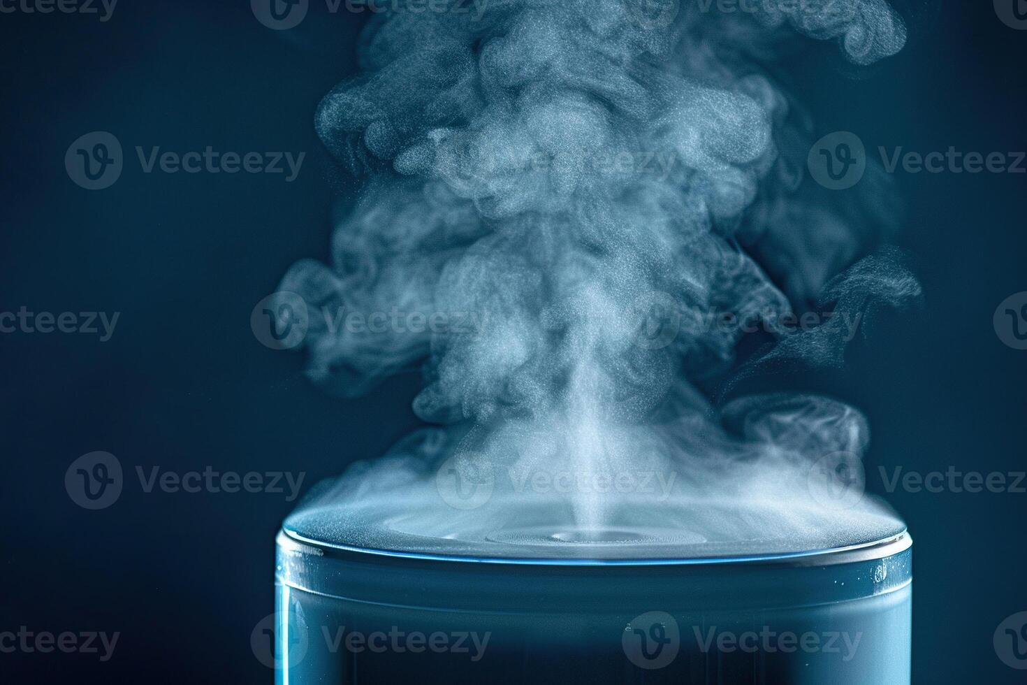 Close-up of a powerful jet of steam on a blue background. Steam comes out of the ultrasonic humidifier. Generated by artificial intelligence photo