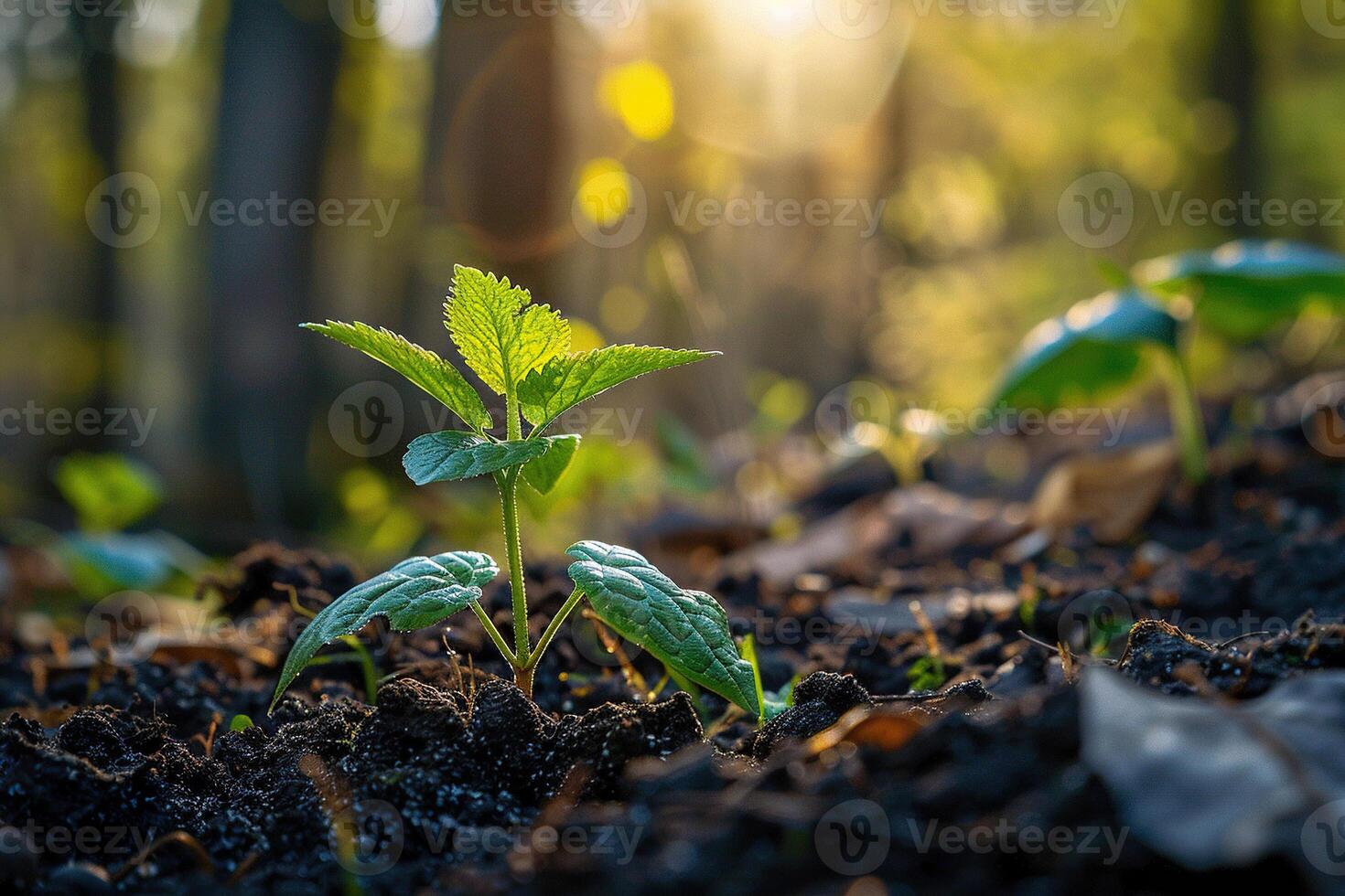 Young green sprouts in the forest on a bokeh background. Environment conservation concept. Generated by artificial intelligence photo