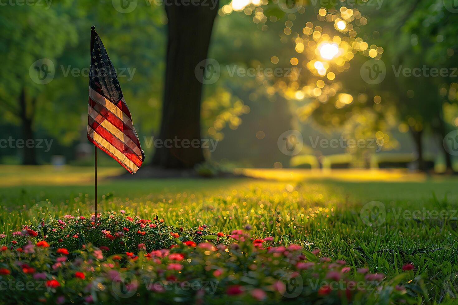 Image of the usa flag in green grass in the park. The concept of Patriot Day, Independence Day, Memorial Day and other national holidays. Generated by artificial intelligence photo