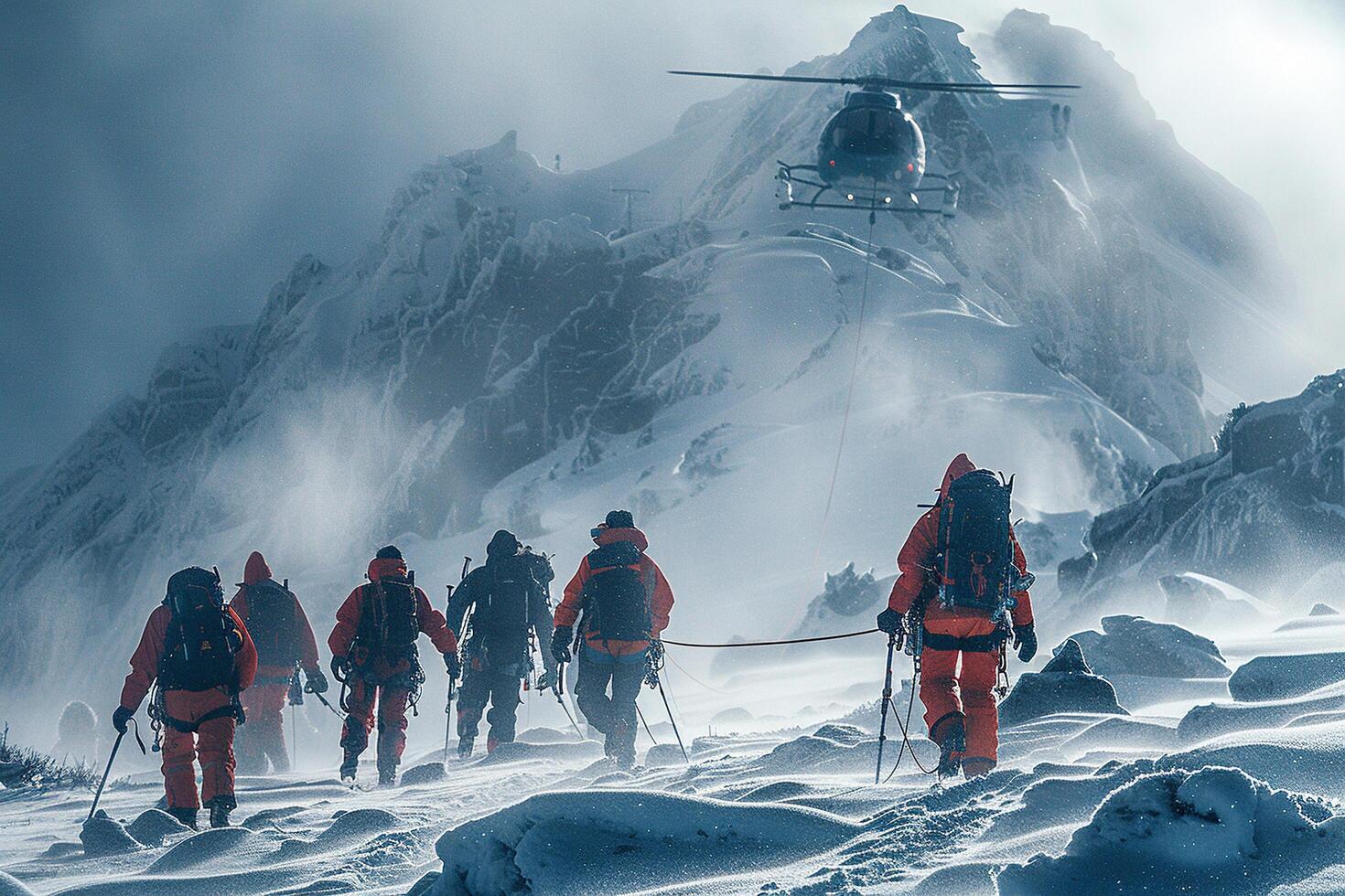 A group of rescuers and a rescue helicopter in the mountains in winter. Generated by artificial intelligence photo