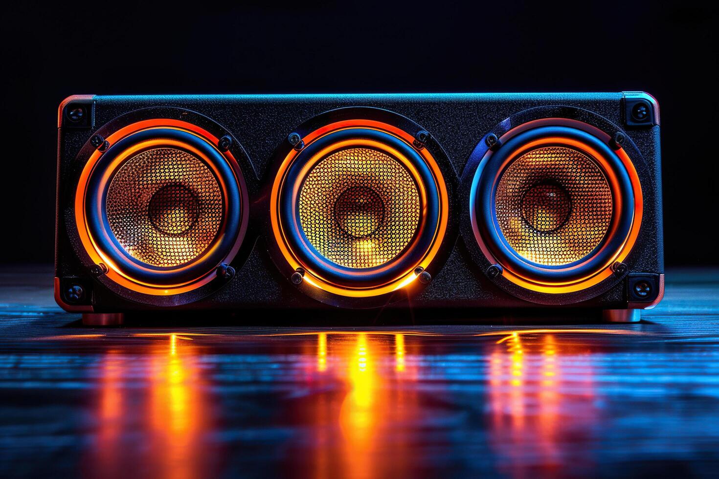 The audio system sits on a wooden floor in the dark with bright lighting. Generated by artificial intelligence photo