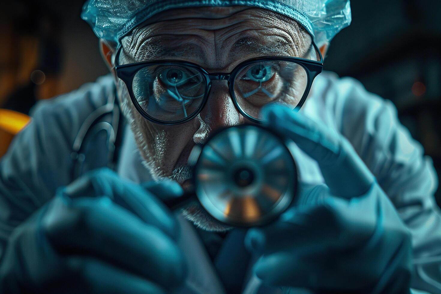 An elderly male doctor holds a stethoscope in his hands. Generated by artificial intelligence photo