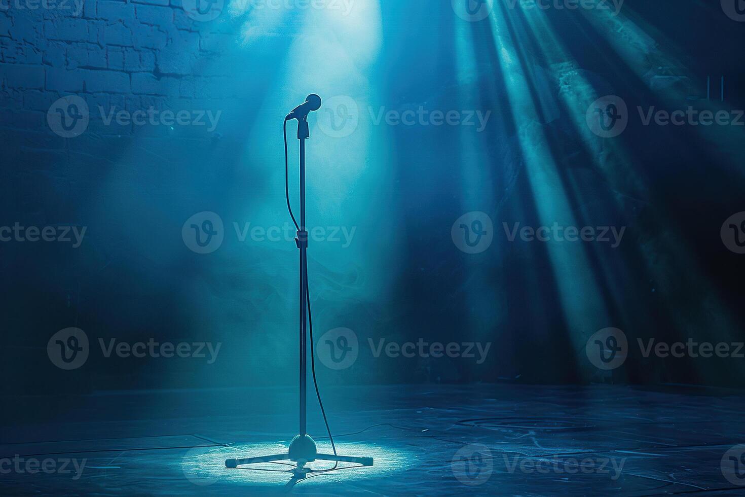 Concert stage with a microphone in the blue light of spotlights. Performance. Generated by artificial intelligence photo