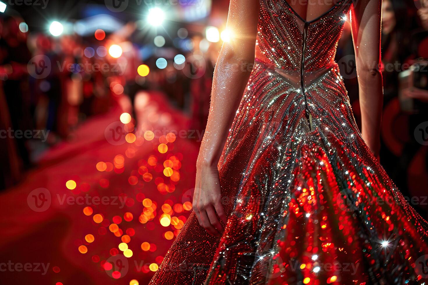 Film Festival. Close-up shot of a famous movie star in a luxurious sparkling dress on the red carpet with a blur effect. photo