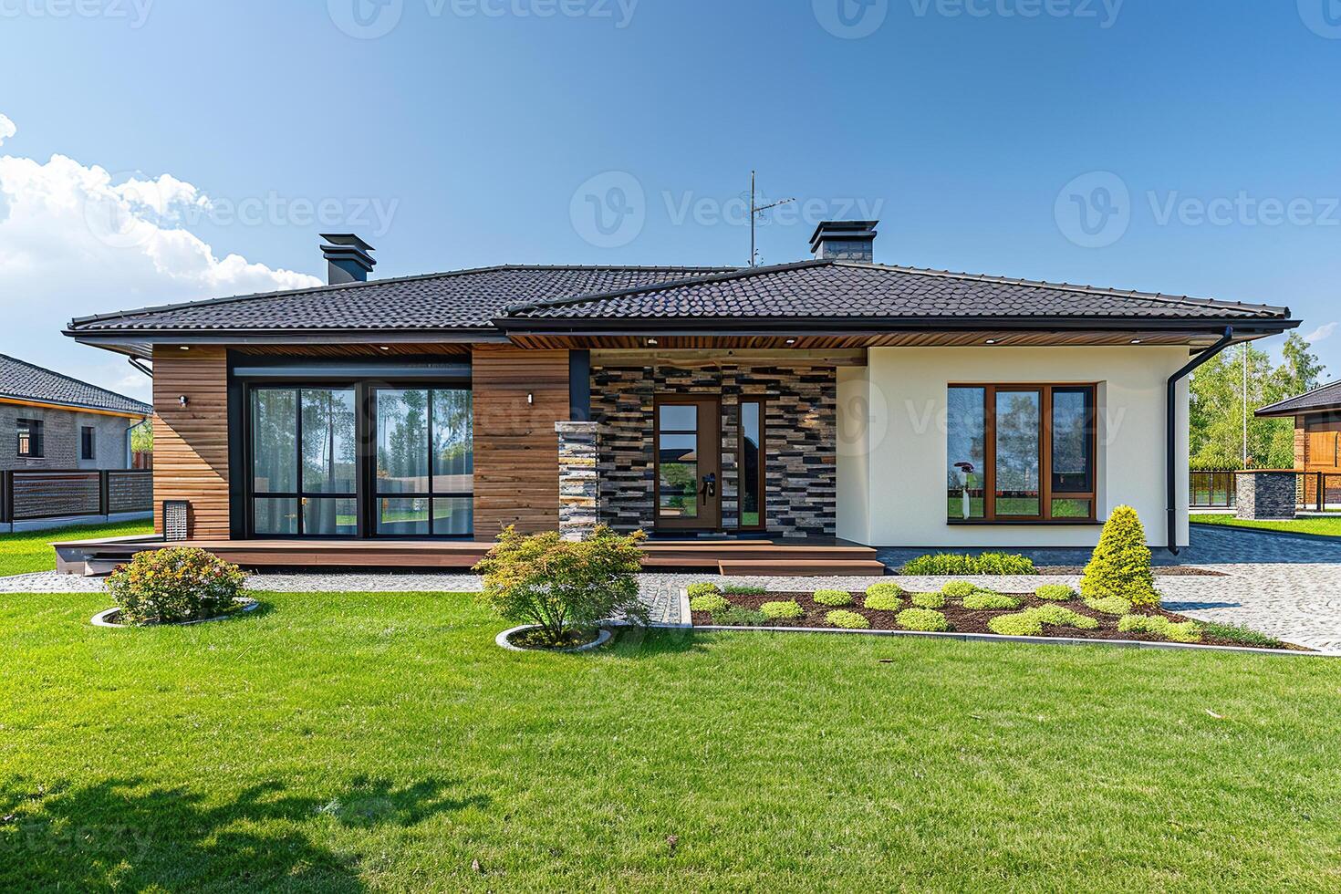 One-story house with glass walls. View of the entrance veranda with the landscaping of the front yard. Generated by artificial intelligence photo