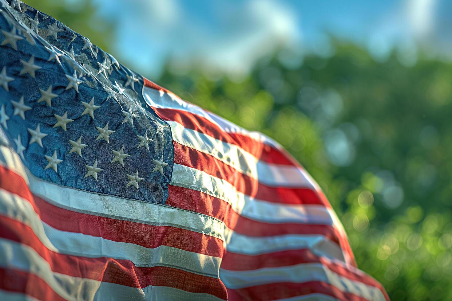 The flag of the United States of America flutters in the wind. USA flag. Generated by artificial intelligence photo