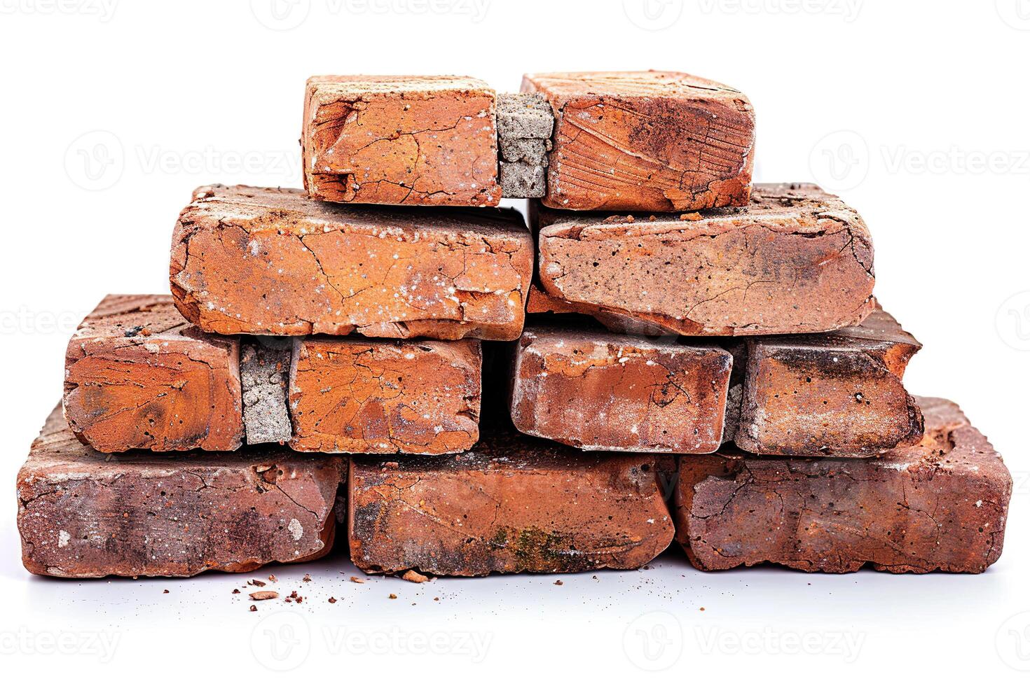 A pile of old broken bricks on a white background. Generated by artificial intelligence photo