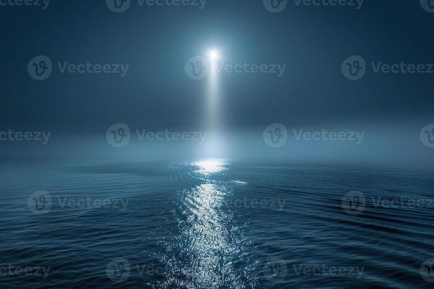 Night seascape. Bright rays of light through the clouds illuminate the sea at night. Generated by artificial intelligence photo