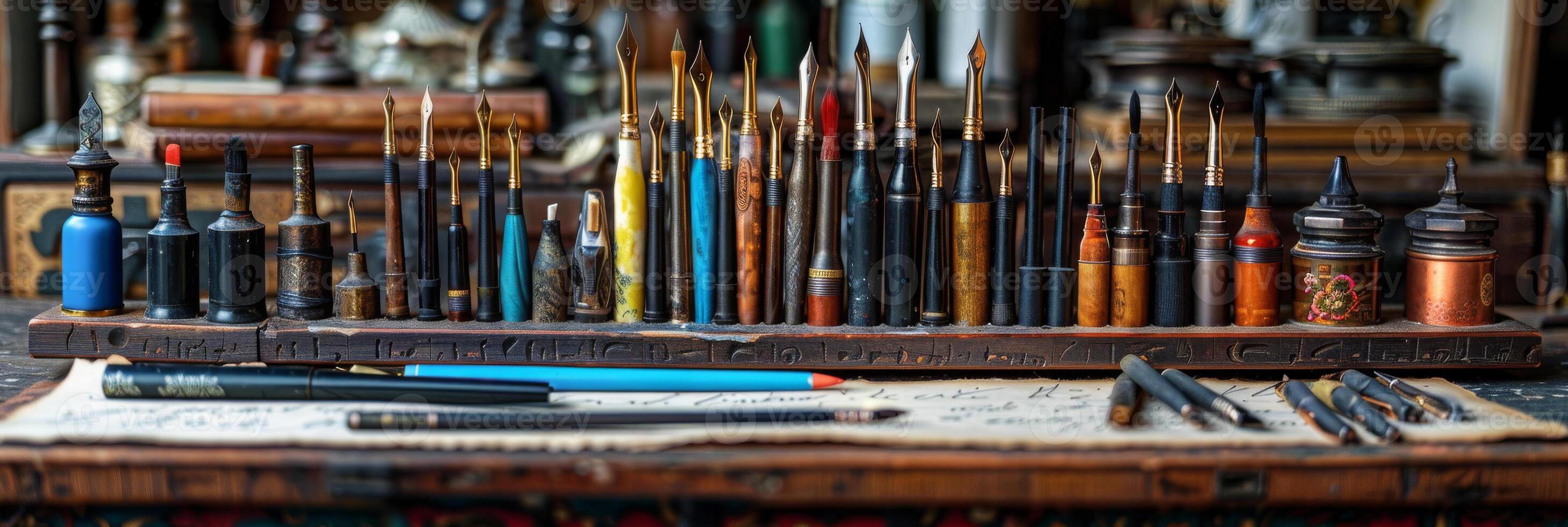 Assortment of Calligraphy Pens Arranged in a Row on Wooden Desk photo
