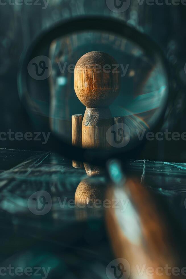 A small wooden object is magnified through a magnifying glass photo